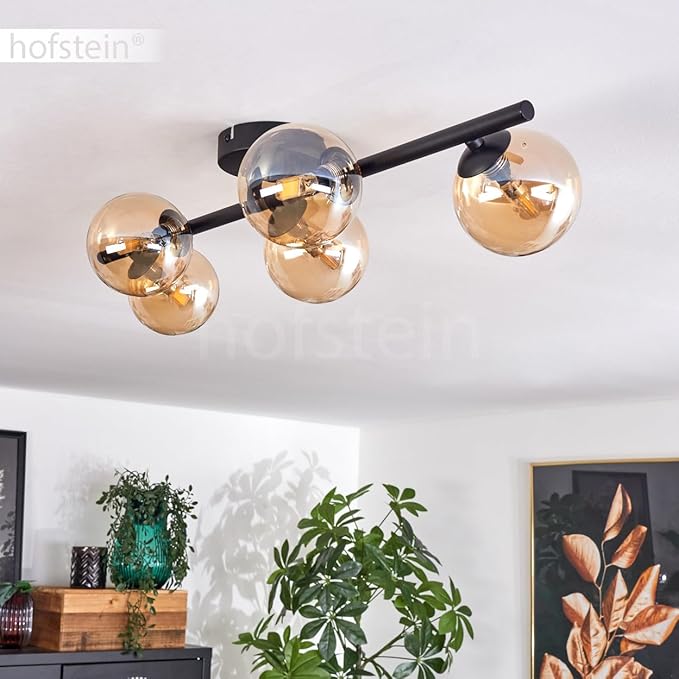 hofstein HOFSTEIN Plafondlamp Chehalis, plafondlamp van metaal/glas in zwart/barnsteenkleuren, lamp in retro/vintage design met glazen kap (Ø 10 cm), 5 x G9 LED, zonder lamp photo 3