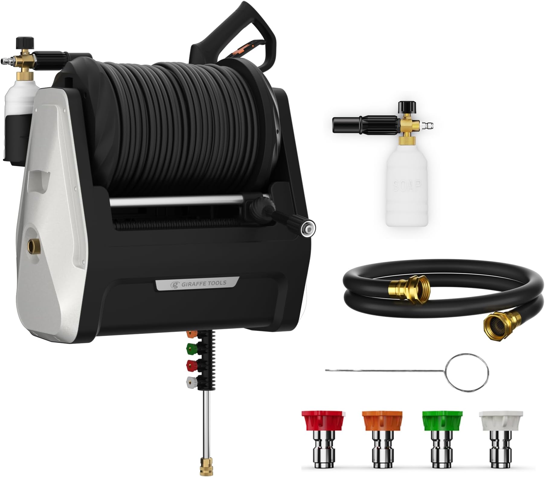 Giraffe Tools 65ft Retractable Pressure Washer Hose Reel - Wall Mount, 3200 PSI, With Adaptors