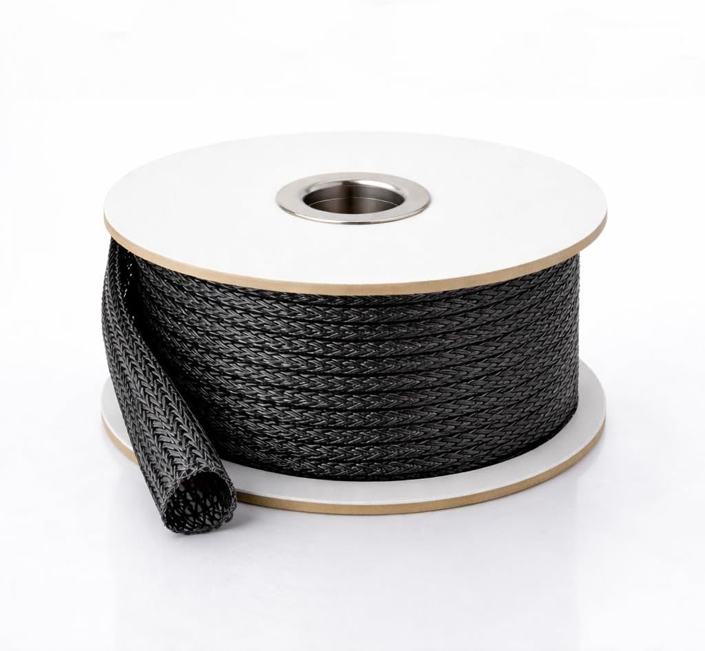 MGI SpeedWare 100ft Expandable Non-Split PET Braided Cable Sleeve, High-Temperature Black Loom for Automotive Harness and Chew-Resistant Home Office Wire Management (1")
