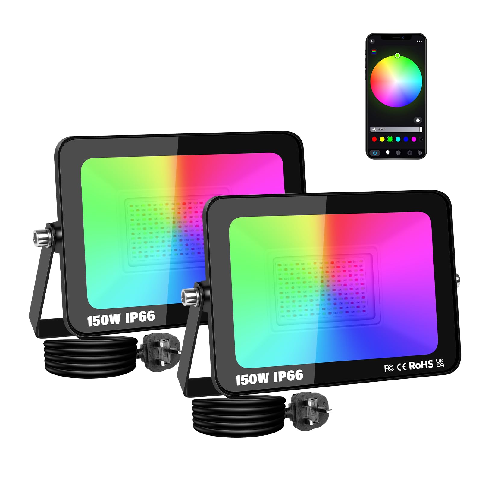AUXTINGS 150W LED RGB Floodlight Outdoor Colour Changing,Smart Flood Lights APP Control with Plug, IP66 Waterproof Disco Lights Dimmable for Party Stage Garden Halloween Christmas Decorations,2 Pack