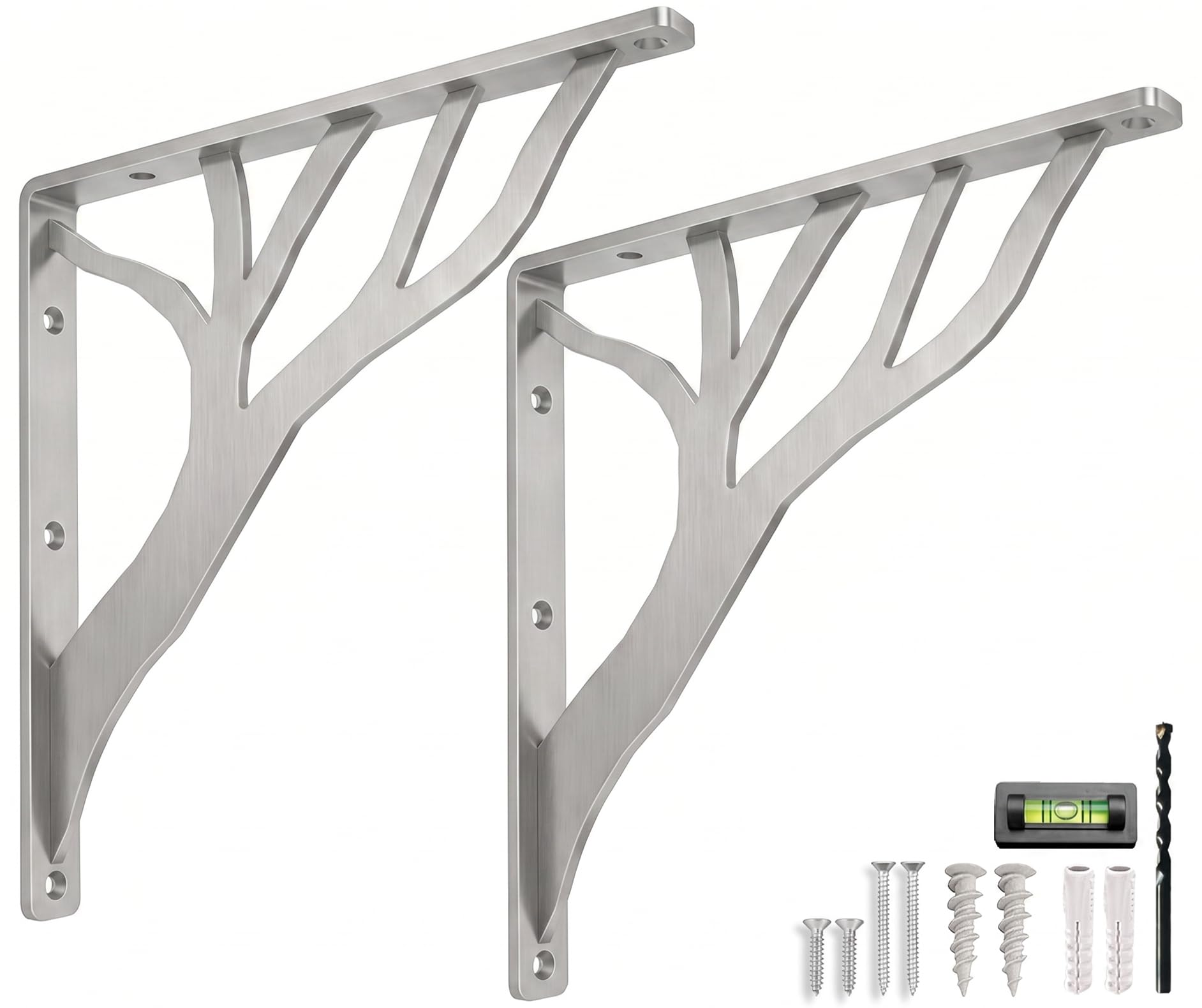 Rustic Tree Chrome Heavy Duty Shelf Brackets 12 inch by Balin Designs, Silver Decorative L Brackets, Iron Metal Floating Shelf Bracket, Wall Mount Shelving Bracket, Included Hardware, Set of 2