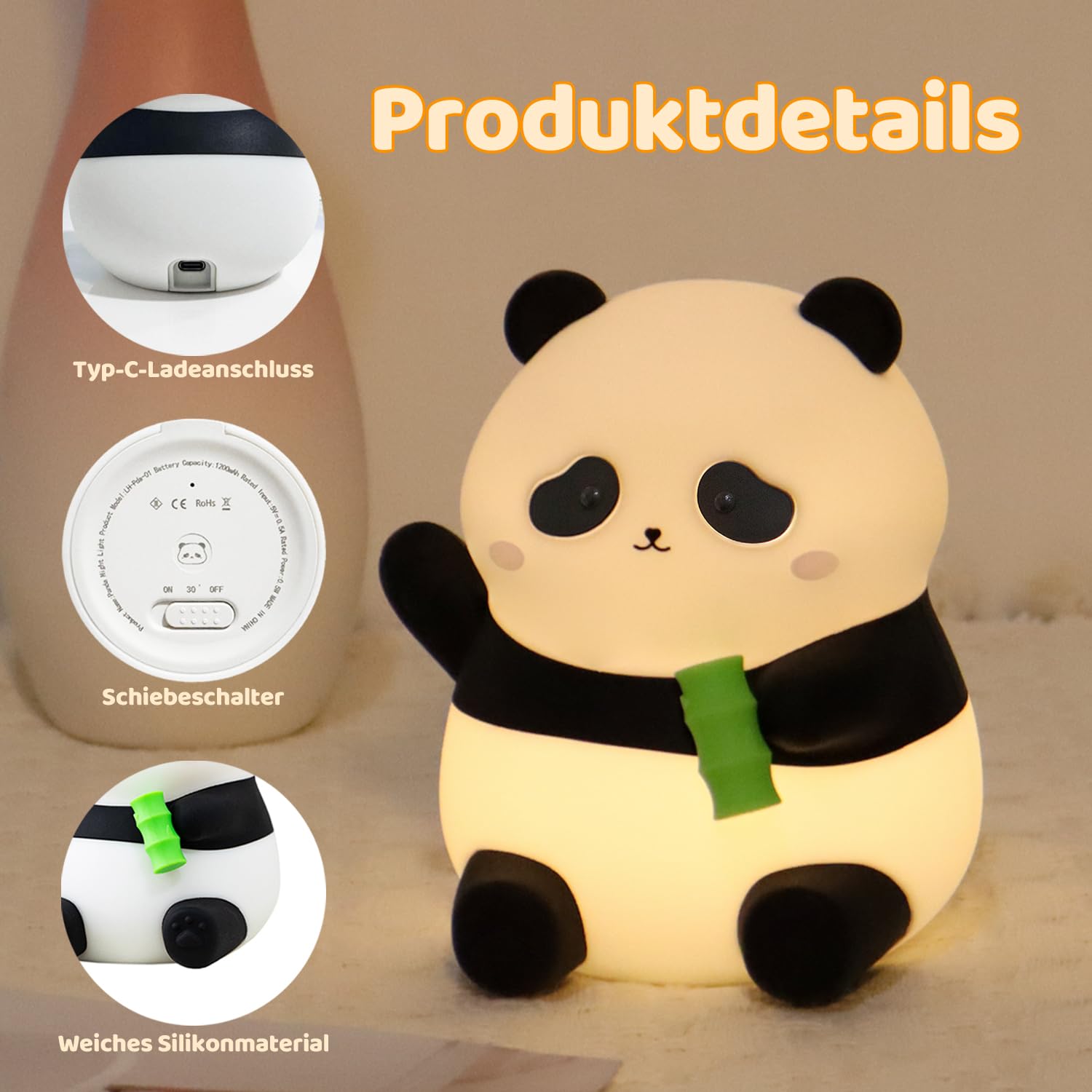 Rytinazzz Linda luz nocturna de silicona de panda, lámpara LED esponjosa con batería de larga duración de 12H/50H, 2 niveles de brillo por control de toque, luz suave recargable para decoración de