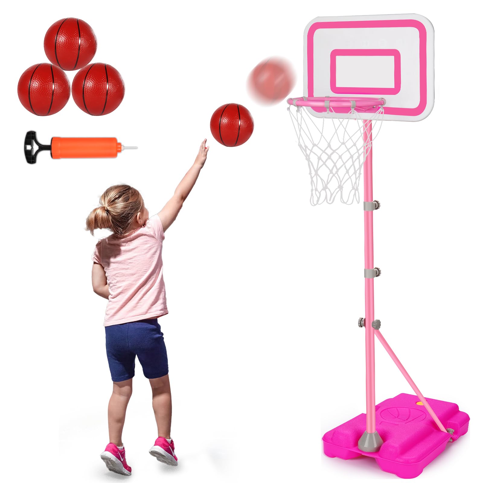 Pink Kids Basketball Hoop and Stand for Girls, Adjustable Height 2.9ft-6.2ft, Portable Toddler Basketball Goals, Outdoor Play Game Toys for 3 4 5 6 Year Old Girl Birthday