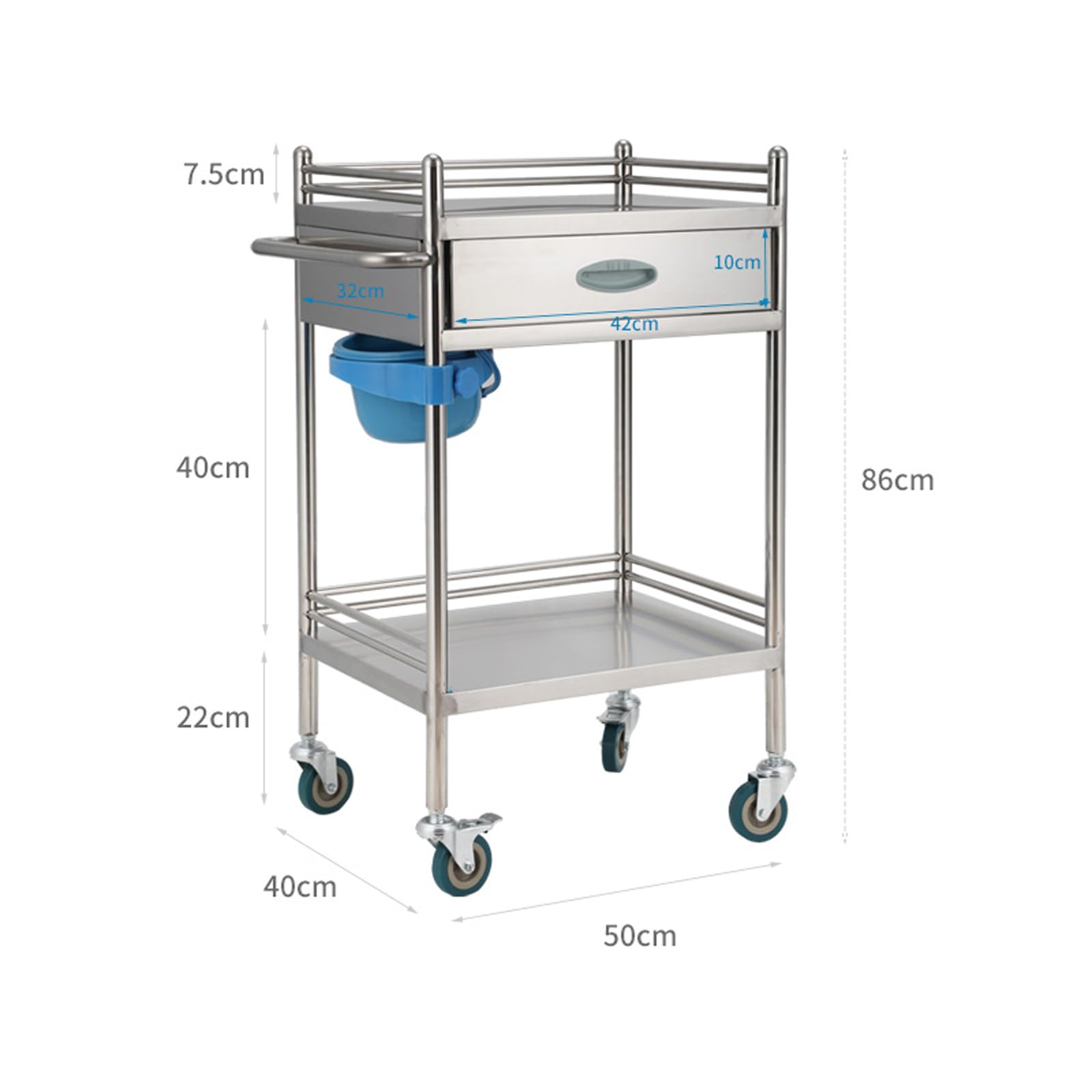 2-stufiger Medizinischer Laborwagen mit Schublade Edelstahl-rollwagen Für Medizinische Laborgeräte Wagenwagen Für Laborkrankenhauskliniken Maximale Belastung 100kg