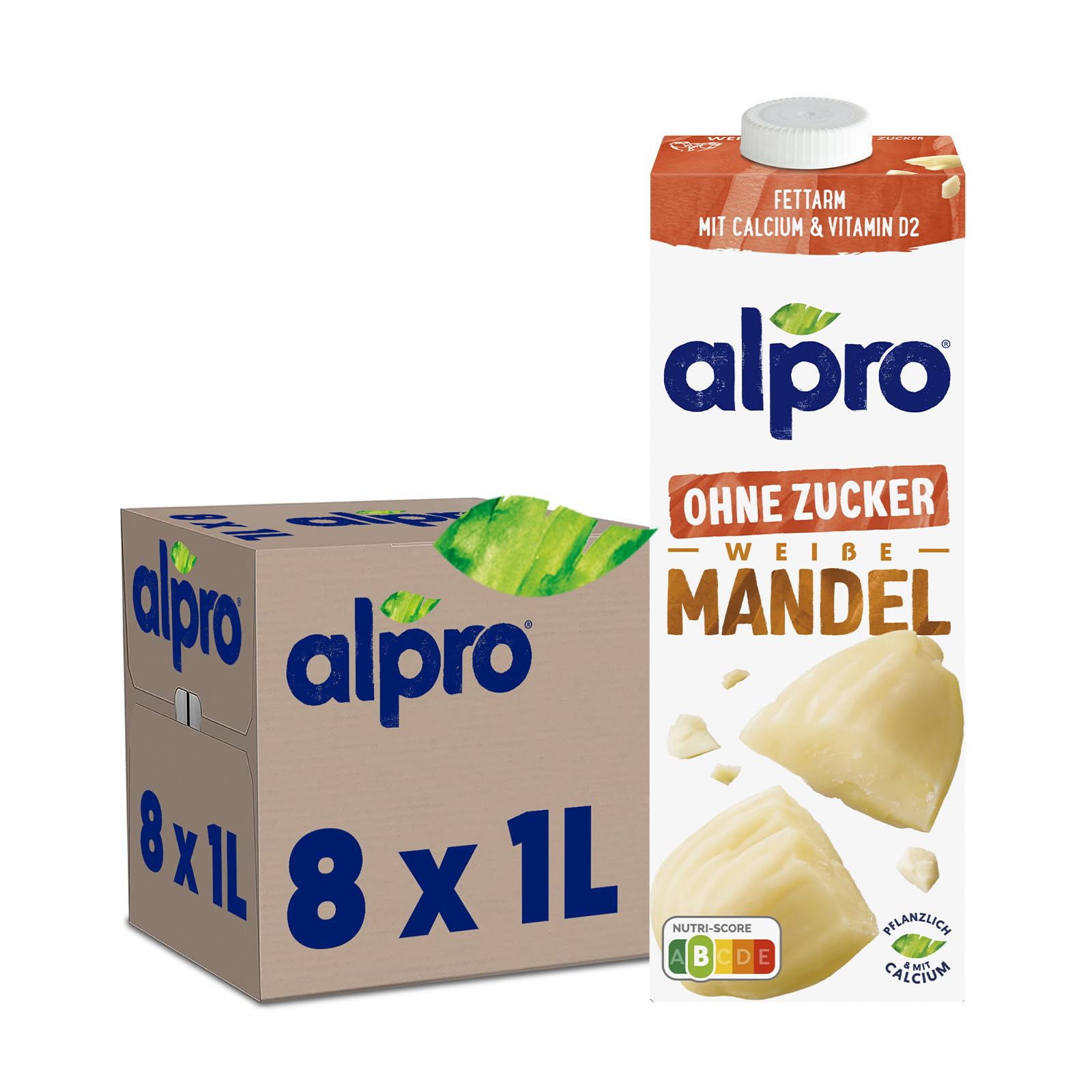 Alpro Mandel-Drink Ohne Zucker, Pflanzlicher Drink, Vegan, 8x1L