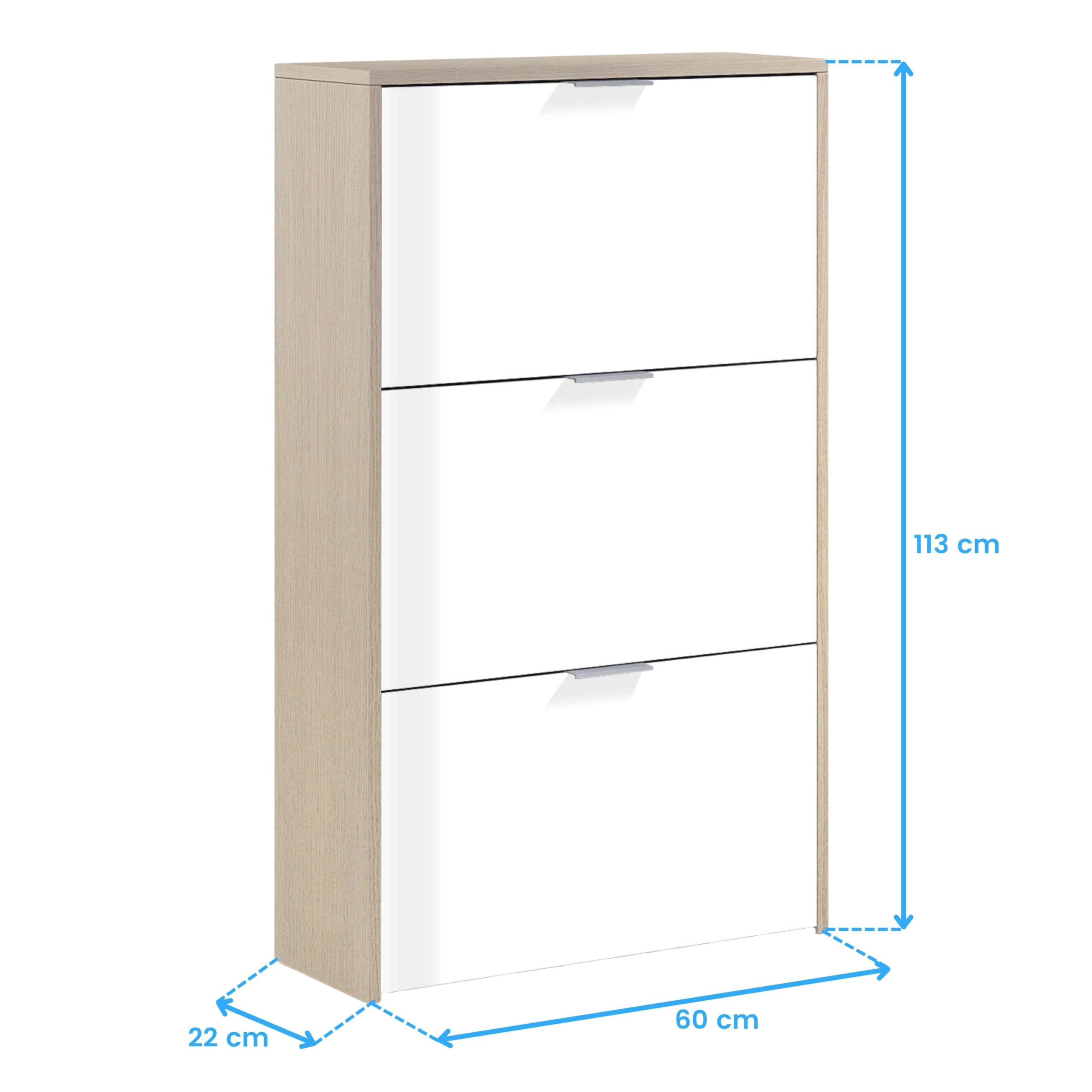 Habitdesign Zapatero 3 Puertas, Zapatero Estrecho, Acabado en Color Blanco Brillo y Roble Canadian, Medidas: 60 cm (Largo) x 113 cm (Alto) x 22 cm (Fondo)