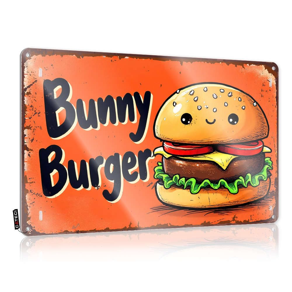 Funny Tin Signs Vintage Bunny Burger: A Cheerful Burger With Bunny Ears! Tin Sign Decaor Sign Tin Signs(20X30CM)