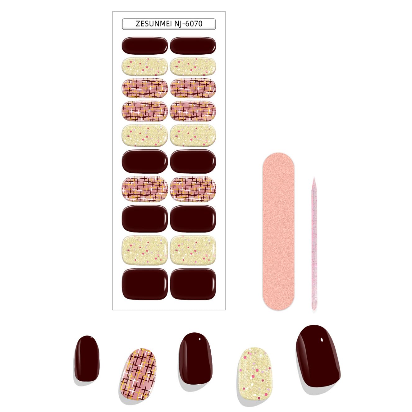 Semi Cured Gel Nail Strips - 20 Extra Long Nail Wraps │ Long-Lasting & Salon-Quality with Soft Gel Finish │ Easy Application & Removal - Includes Nail File & Wooden Stick (Mixed)
