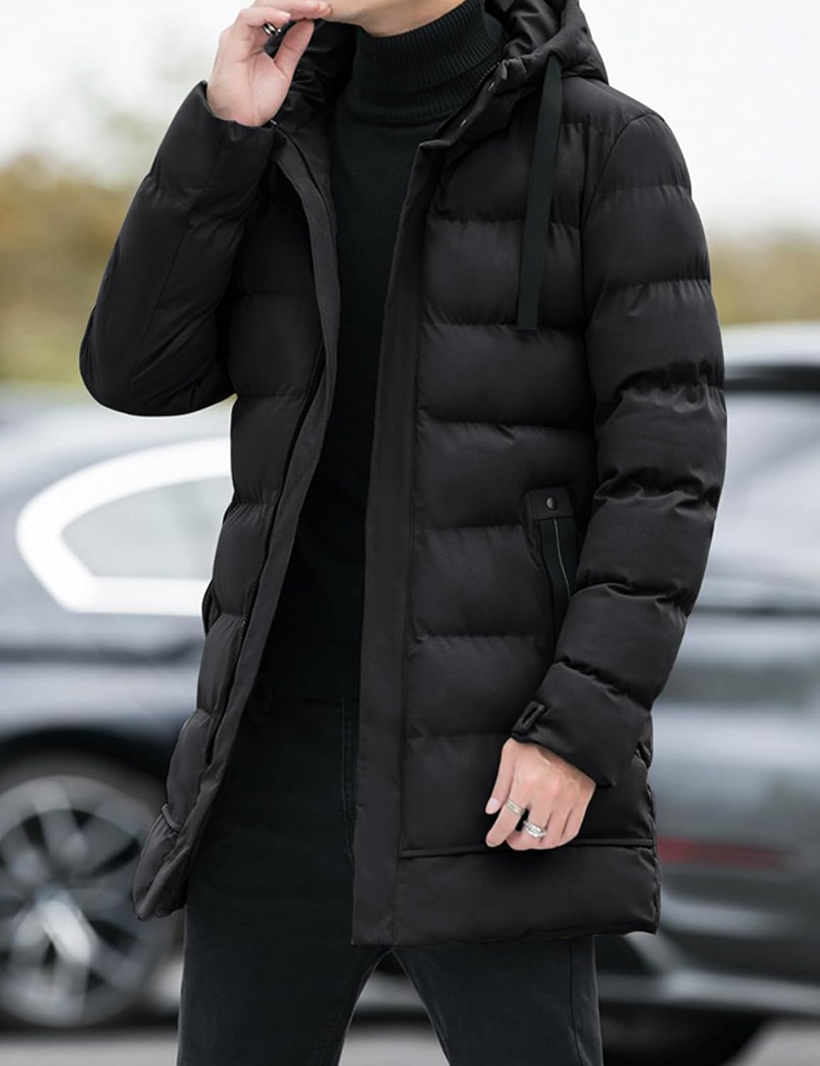 Chaqueta Acolchada de Invierno para Hombre, y abrigado Abrigo Largo con Cremallera con Capucha, Chaquetas Acolchadas con Bolsillos