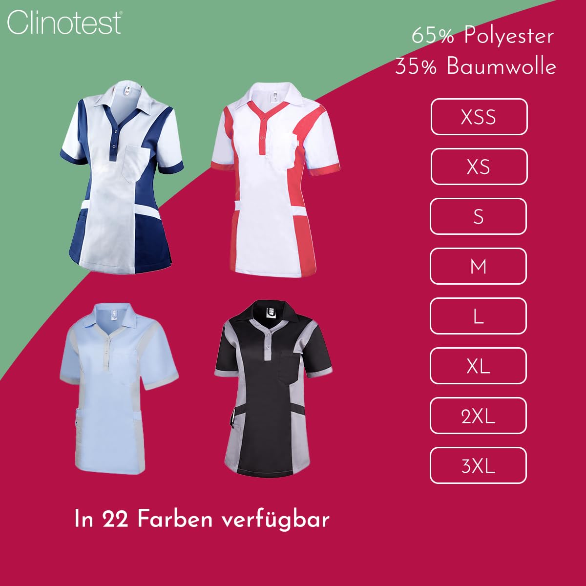 Clinotest Damenkasack Julia - 95 Grad waschbare, kochfeste Kasacks ohne Einlaufen - Kasack aus 65% Polyester, 35% Baumwolle - Pflege Berufsbekleidung für Krankenschwester, Altenpflege, Kosmetik UVM.