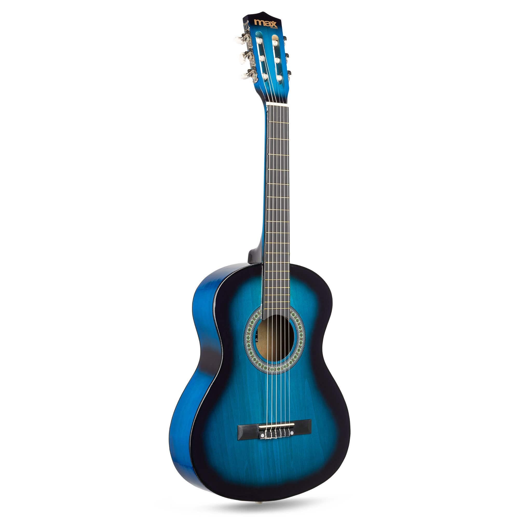 Max SoloArt Pack Guitare Classique Junior 3/4 - Bleue, Cordes en Nylon, 8 à 12 ans, Sac de Transport, Médiators, Sangle, Support Guitare, un Cadeau pour Enfants Idéal pour Débuter la Guitare