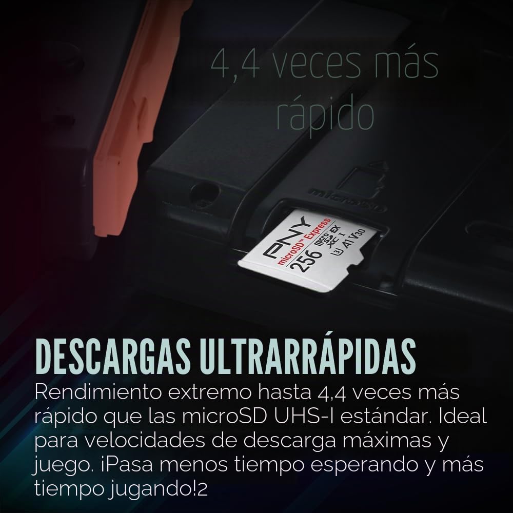 PNY Tarjeta microSD™ Express 256GB UHS-I U3 V30 A1, hasta 890MB/s de Lectura y 750MB/s de Escritura, Ideal para Dispositivos compatibles con microSD Express como Nintendo Switch 2