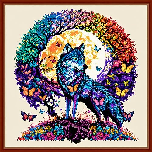 Image of Dimensean Stamped Cross Stitch Kits Full Range of Embroidery Patterns Starter Kits for Beginners Adult DIY Cross Stitches Needlepoint Kits 11CT-Wolf Wreath 17.7x17.7 inch