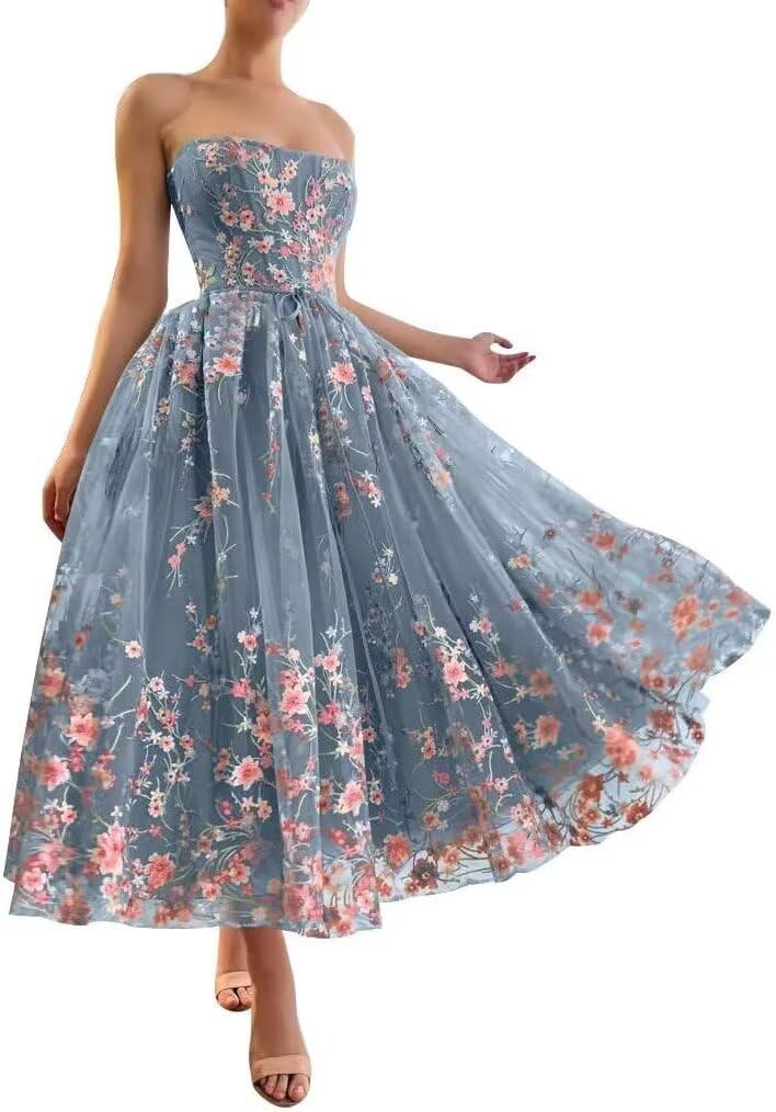 Jamille Tea Length Prom Dress with Pocket Strapless Dloral Gown Ball Gowns Tulle Formal Evening Dress Sleeveless JA0011