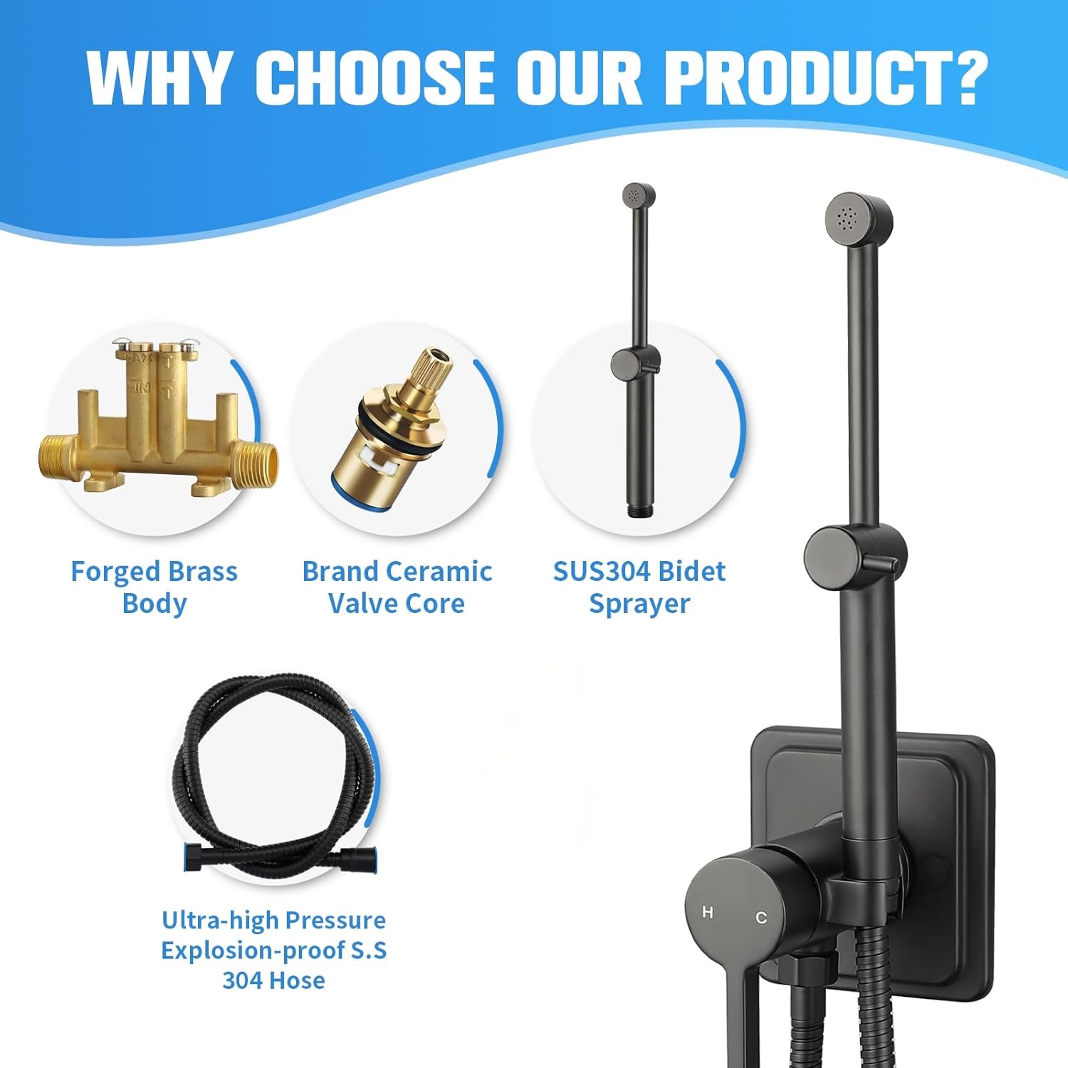 Matte Black Handheld Warm Water Bidet Sprayer Mounted on the Wall, Hot and Cold Bidet Sprayer Kit with Mixing Valve for Toilet