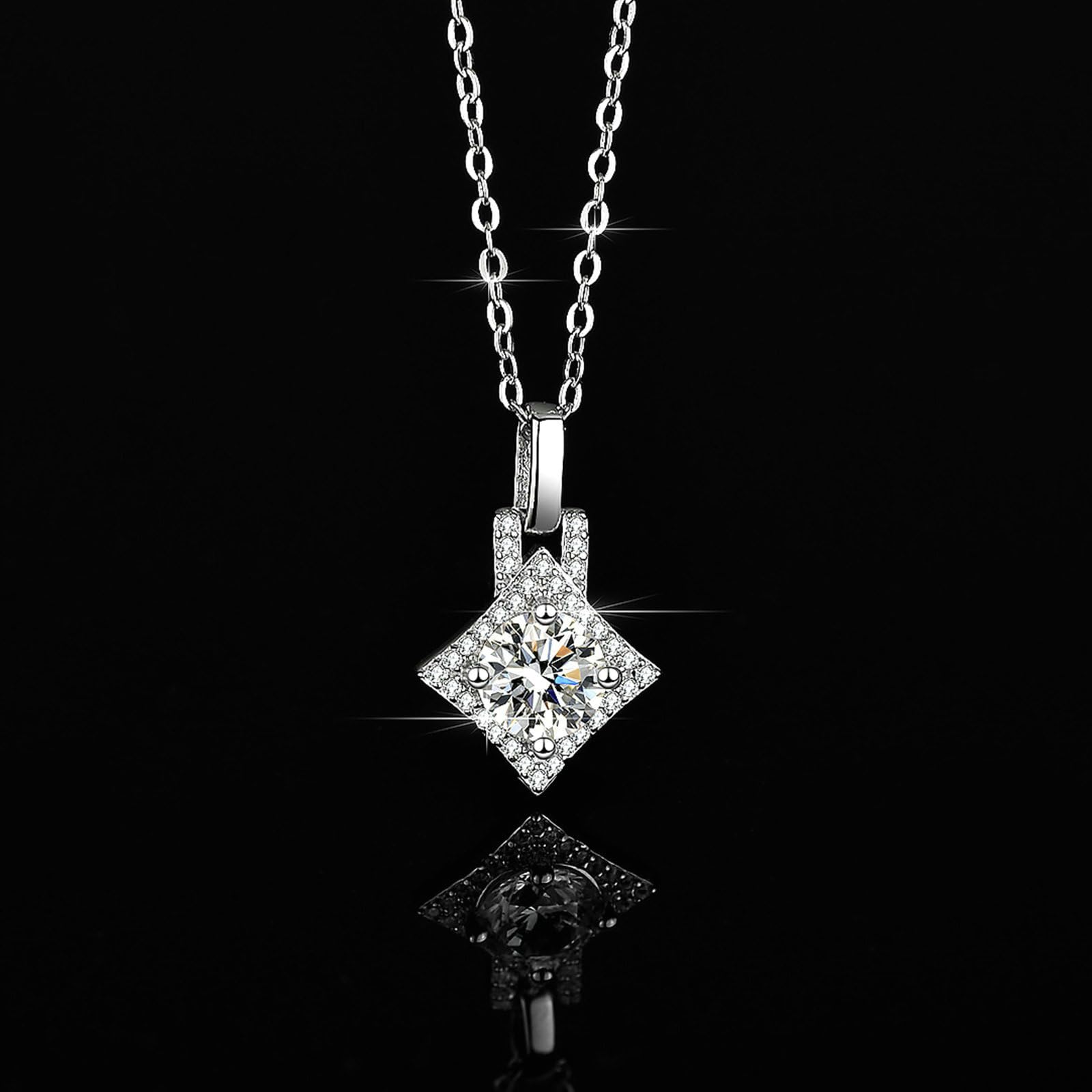 Naszyjnik 750 585 375 białe złoto z wisiorkiem, łańcuszek damski z białego złota 45 cm, zawieszka w kształcie czworoboka, 6,5 mm, moissanit 1 ct, łańcuszek 45 cm, na wesele dla kobiet