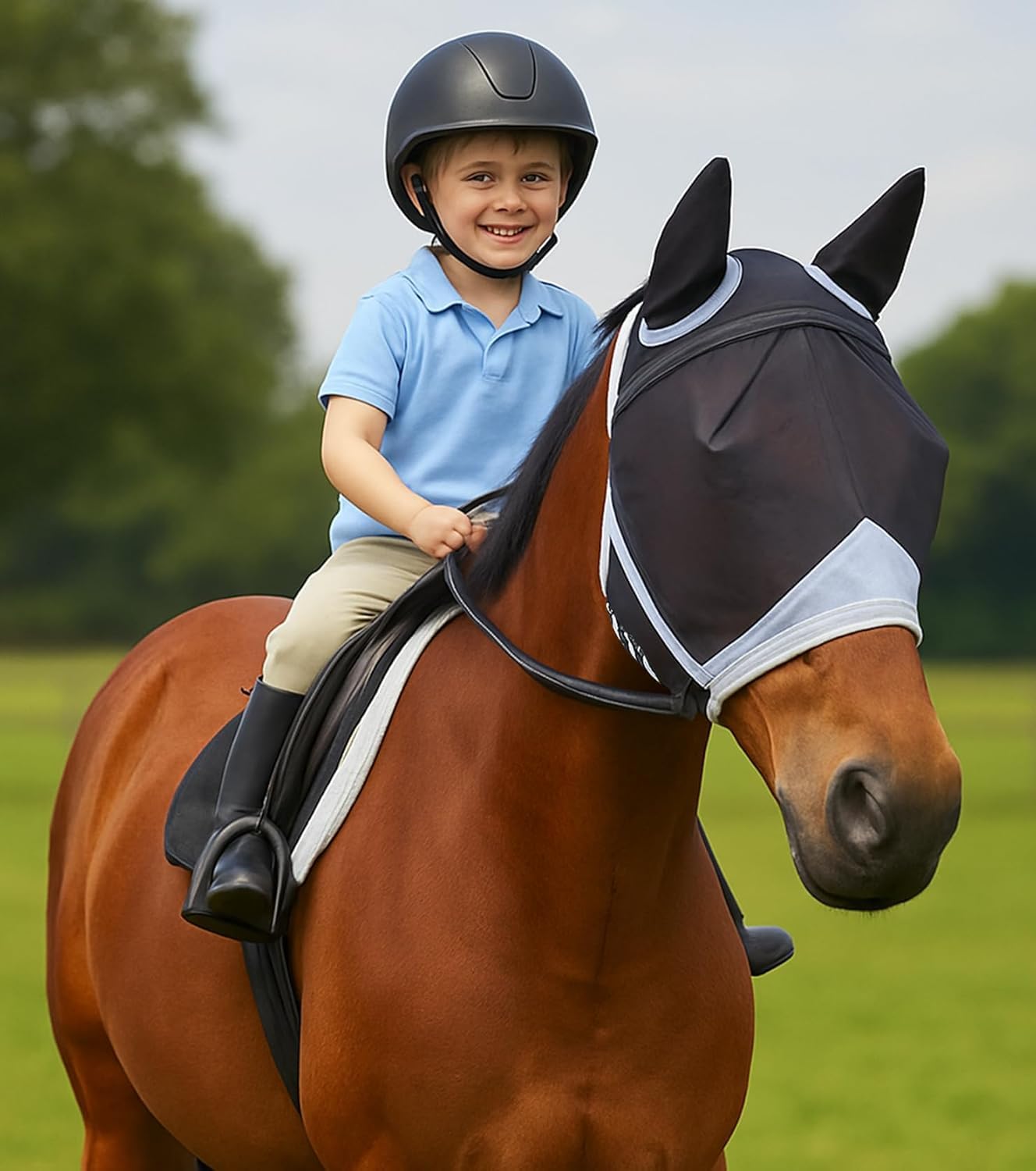 Maschera per mosche a cavallo nero protezione UV con orecchie rete traspirante 90x47x28 cm