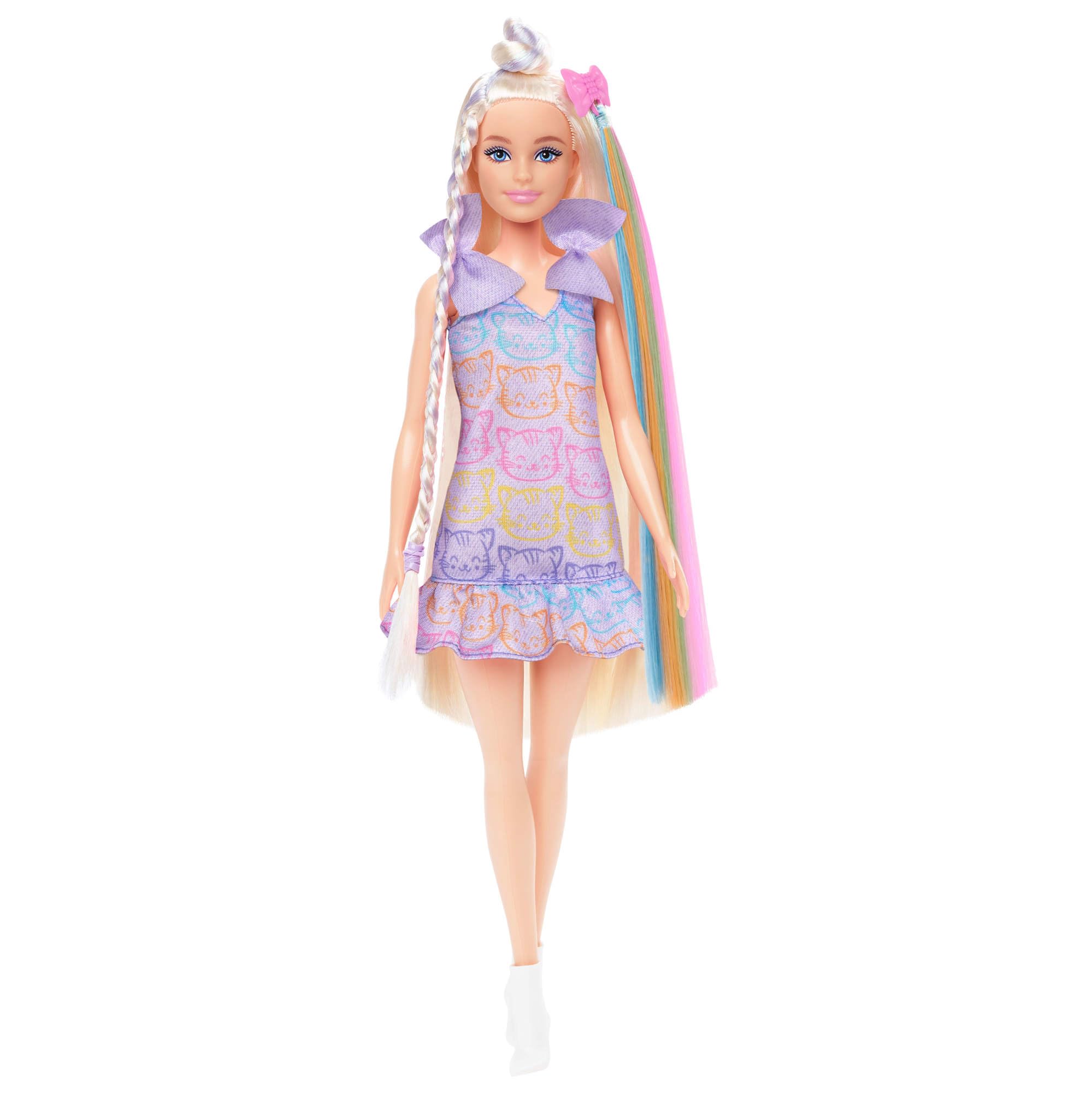 Barbie Fun & Fancy Puppe mit Accessoires, Modepuppe mit extra langem blondem Haar und 2 Looks, inklusive silberfarbenem Metallic-Kleid und Haarverlängerung, JCT72