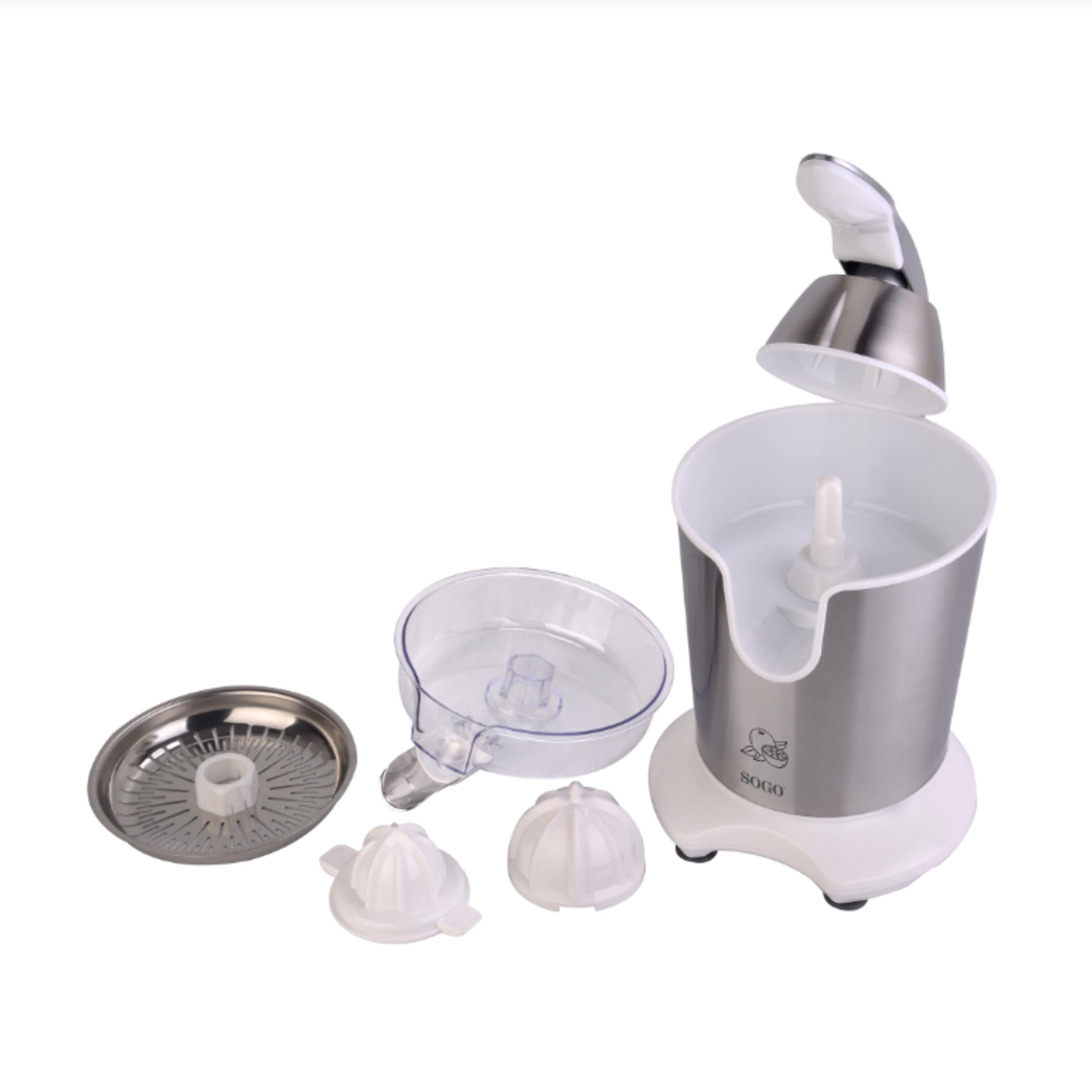 Sogo Exprimidor eléctrico de zumo de naranja y limón con con 2 conos y palanca | automático | potente y silencioso | 0,3 Litros | 160w | Acero Inoxidable (SS-5185)
