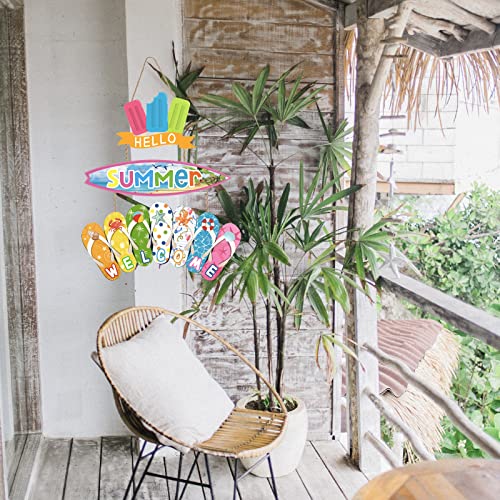 Hello Summer Welcome Hanging Sign, Wood Ice Lolly Surfboard Flip Flop Sign Hanger, Surfboard Slippers Summer Decor, Summer Decorations For Home, Front Door, Yard, Beach, Outdoor #TOP4