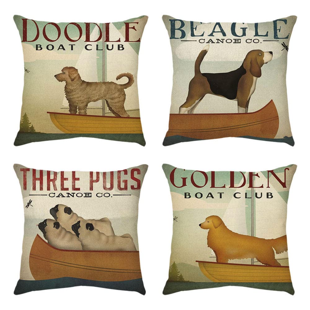 4 Piezas Funda de Almohada 65x65cm Perro Animal Retro Fundas de Cojín Terciopelo Sencillo y Decorativo para Sofá Camas Dormitorio Coche Lino Cojines Throw Pillow Covers （26x26in）