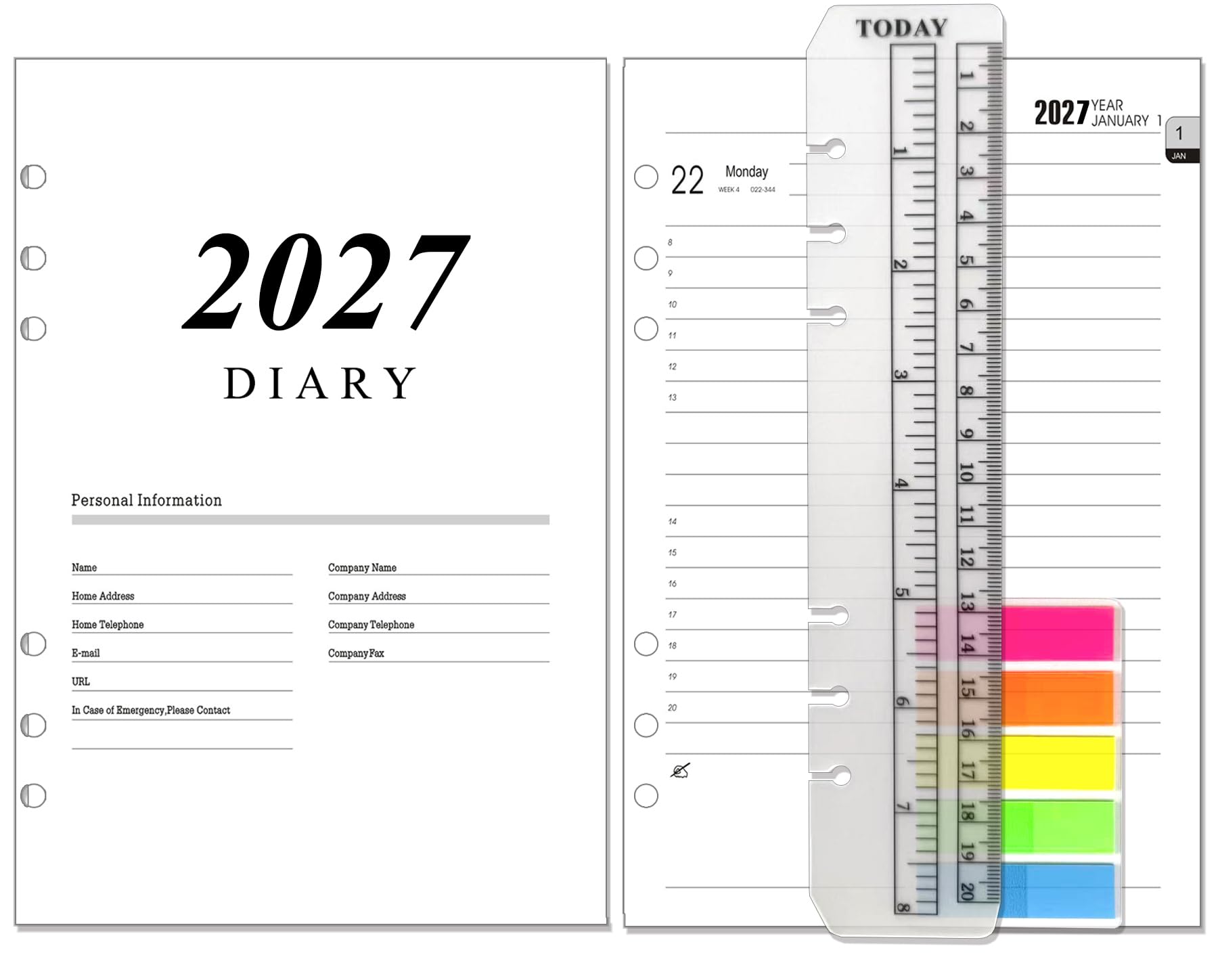 NEYSA Diary 2027 Refill Day per Page, Jan to Dec 2027,Extra Annual Monthly Overview, Notes, Contact, 6 Hole, Page a Day Academic Daily Planner Inserts for A5 Organizer/Binder,Filofax A5 Compatible