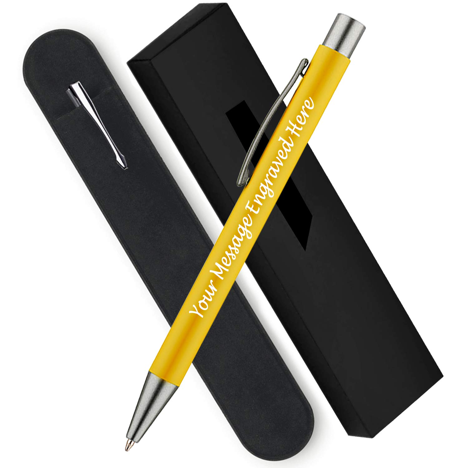 Personalised Engraved Aluminium Ballpoint Pen with Graphite Finish Gift Boxed with Velvet Pouch, Blue Ink plus Black Ink, Custom Gifts for Christmas, Holiday Present - Enter Your Custom Text (Yellow)
