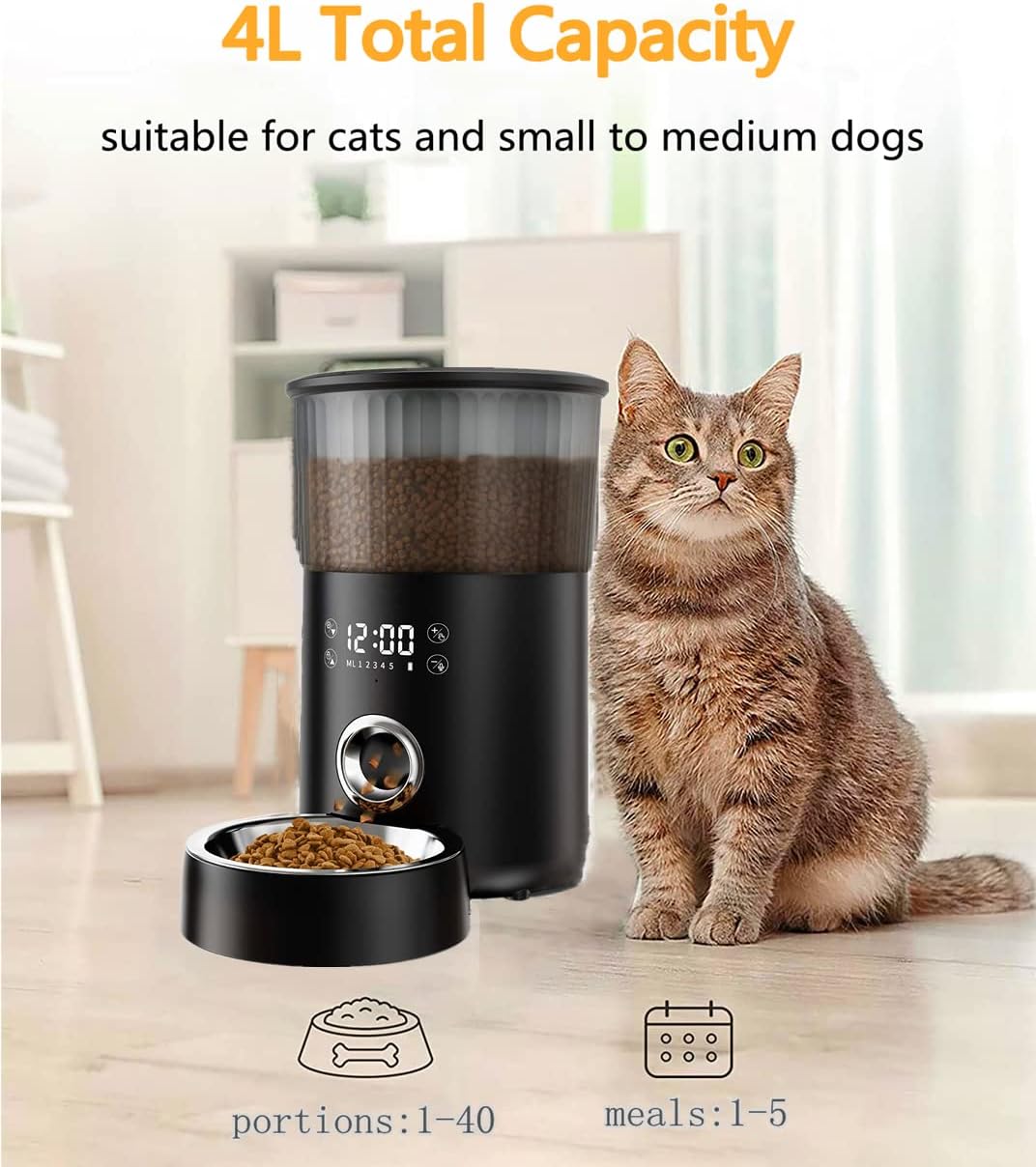 TEKXDD Automatic Pet Feeder showing 4L capacity and portion/meal settings