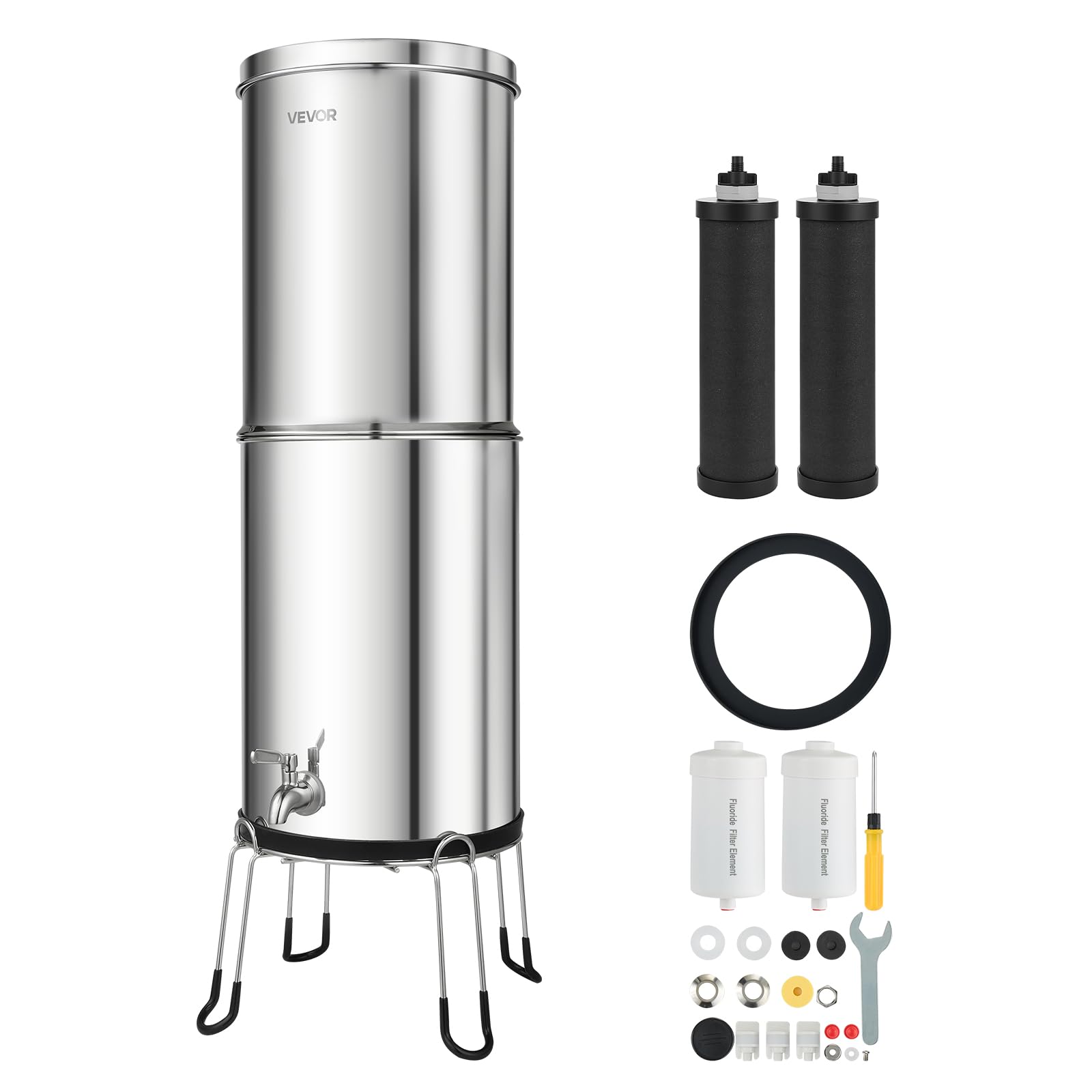 VEVOR Sistema de Filtración de Agua por Gravedad 12,3 L Acero Inoxidable, Reduce el Plomo y Hasta 99% del Cloro, Con 2 Filtros de Carbón y 2 Filtros Desfluorantes, Con Grifo y Soporte, Para Encimera