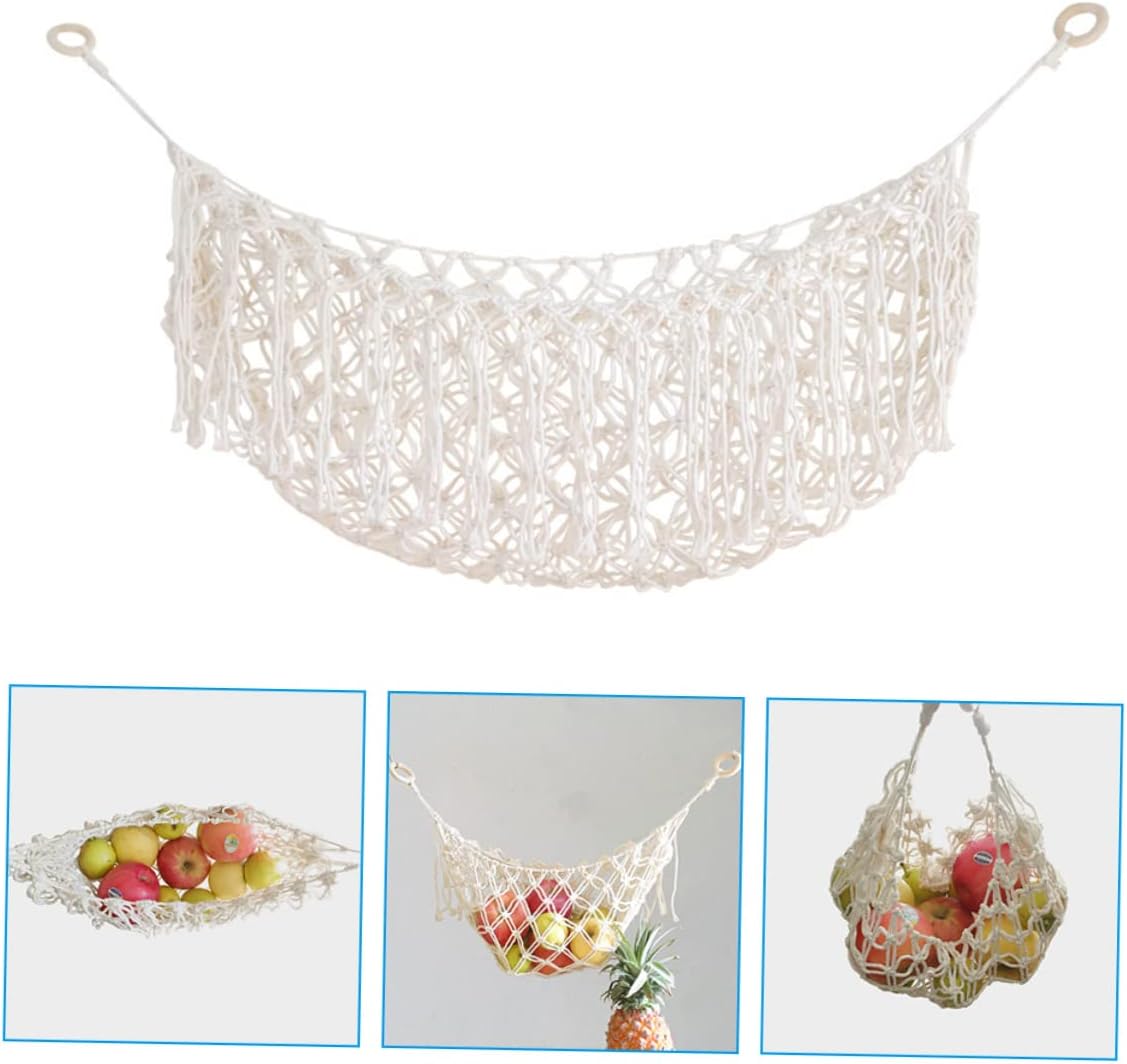 Cabinet Fruit Hammock Space Saving Kitchen Storage Net for Bananas and Veggies Macrame Fruit Basket with Hooks for Kitchen Counter and Fridge Organization