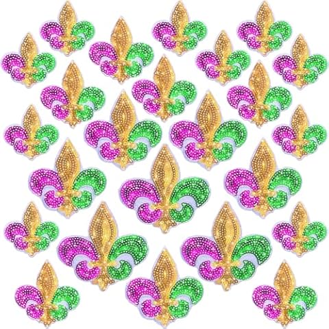 Daifunli 24 Pieces Mardi Gras Sequin Patches in 4 Sizes Iron on Shiny Patches Hat Patches Embroidered Decorative Appliques for Hats Bags Jackets Jeans Backpacks Costume Clothing Accessory Cover