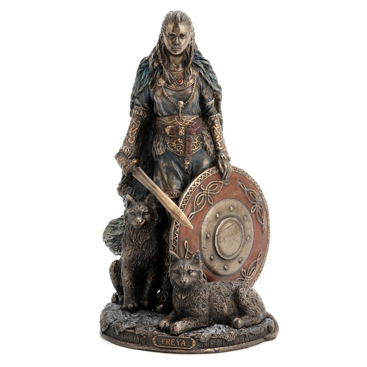 ROCKING GIFTS Figura Decorativa Clásica, Diosa Freya del Amor Belleza y Fertilidad con Escudo y Linces, Resina Efecto Bronce Antiguo, Escultura de Mitologia Nórdica Vikinga, 22 cm