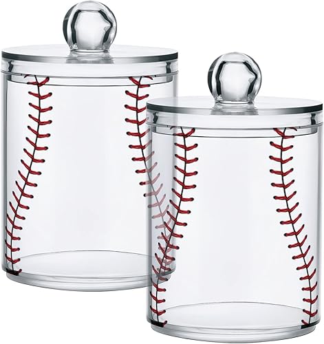 Miniatura 2 de Paquete de 4 tarros de boticario de béisbol, softball de encaje rojo, organizador hermético transparente para almacenamiento de hisopos de algodón,