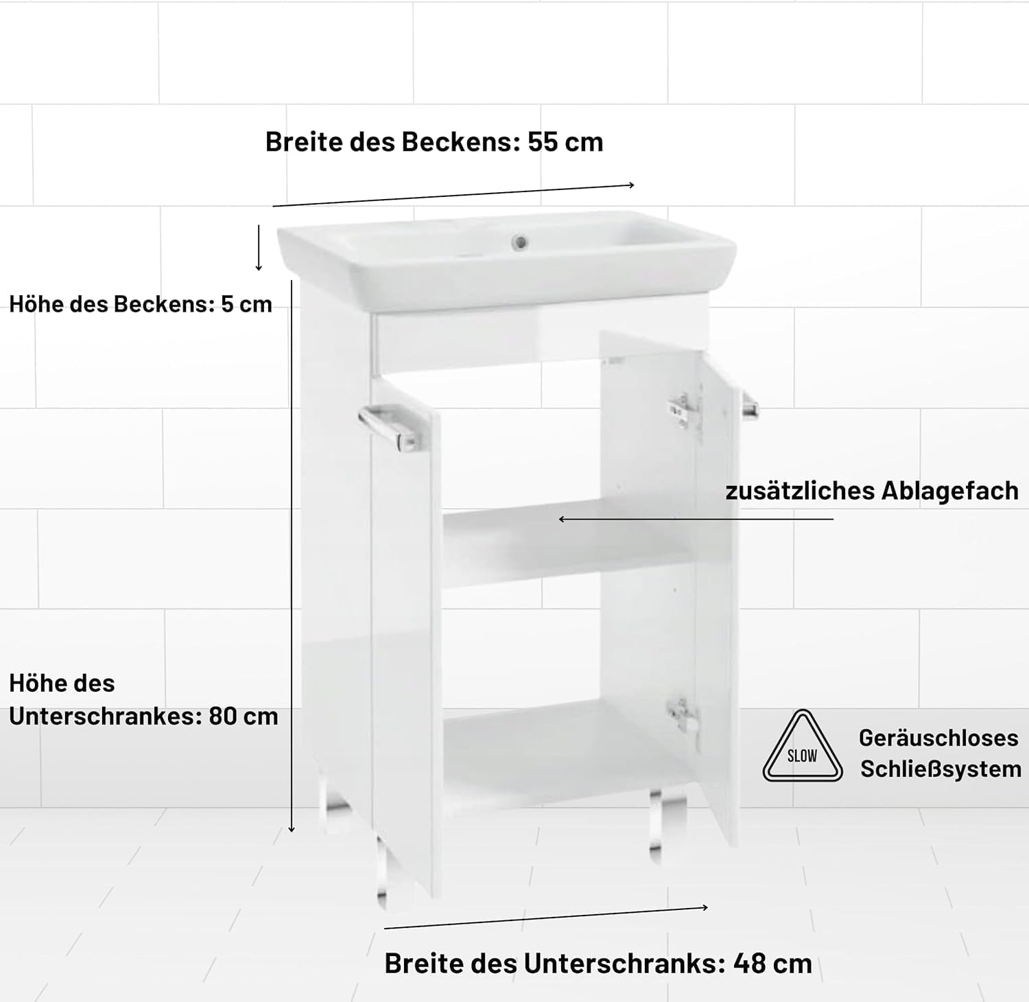 .Deftrans - Umywalka z szafką stojąca 55 cm zestaw – meble łazienkowe wysoki połysk biały – umywalka z szafką i umywalką ceramiczną – w zestawie chromowana bateria, syfon i lakier zatrzaskowy - 34,5 t