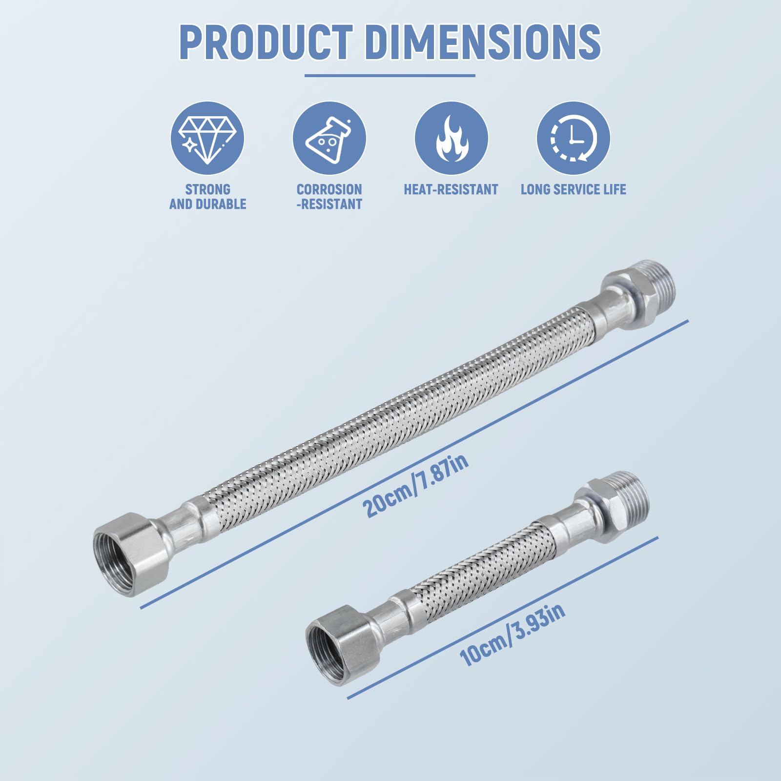 4 Pezzi Tubo Flessibile 3/8, Prolunga Flessibile con Intrecciatura in Acciaio Inox, con Raccordo Filettatura Esterna, Tubo Corazzato flessibile 3/8" per Cucina Bagno Miscelatore 20 CM/10 CM