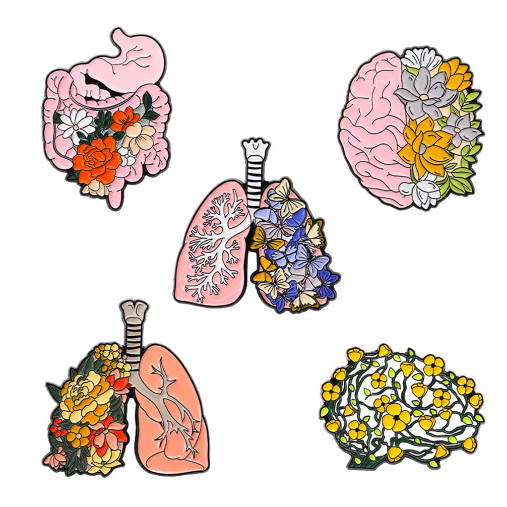 ulricar 5pcs Floral Organ Enamel Pins Pink Brain Lung Intestines Stomach Human Organs Flowers Anti-light Brooches Lapel Badges Cartoon Plant Metal