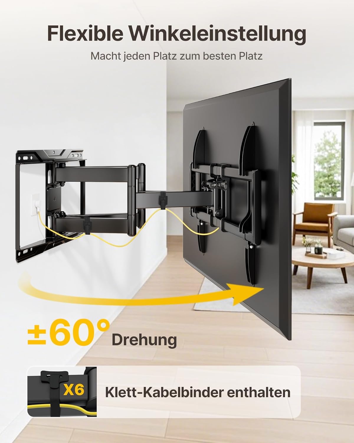 monTEK TV Wandhalterung 638 mm für 37-90 Zoll bis 75 kg, max VESA 600x400 | 2026 neu,Stabile doppelte Gelenkarme,638 mm Auszug,Montageset,Schwenkfunktion,Werkzeuglose Neigung