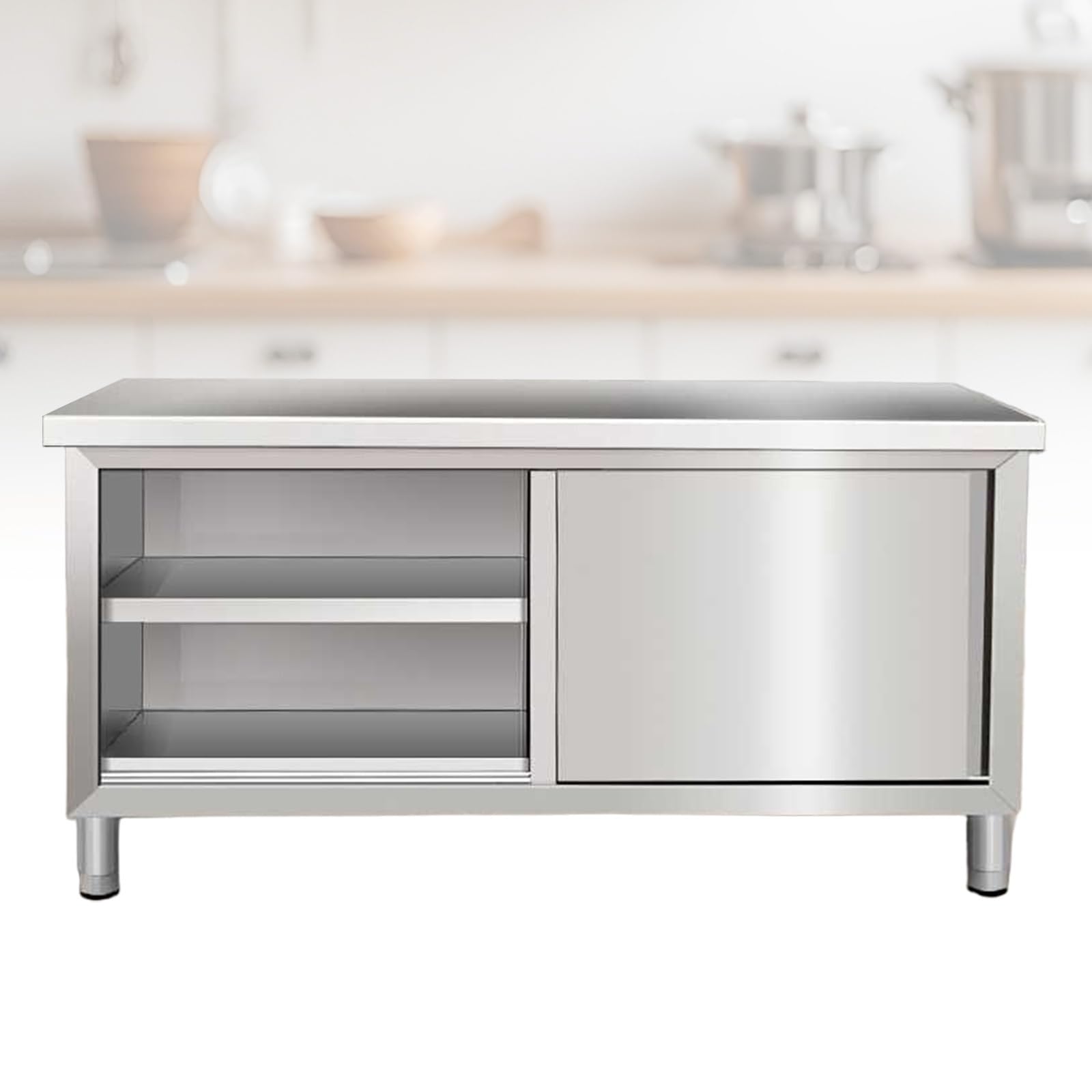 Mesa de cocina de acero inoxidable con puertas correderas, mesa de trabajo multifuncional para uso doméstico y comercial