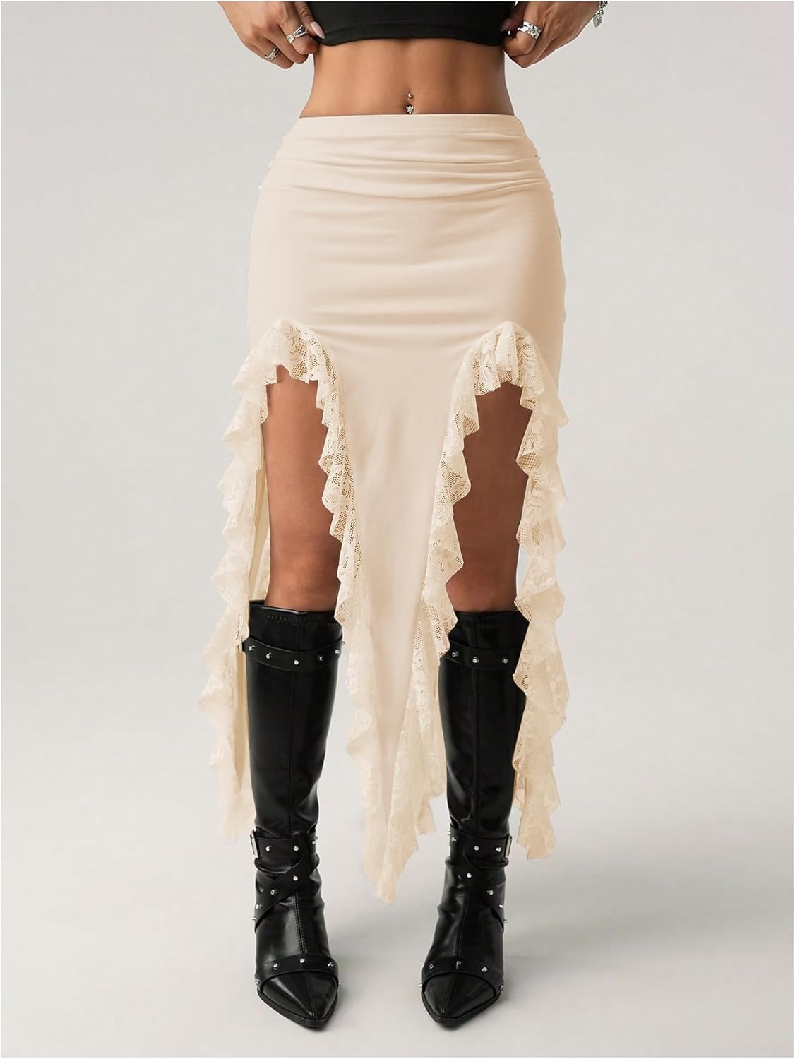 Verdusa Women's Western Asymmetrical Lace Ruffle Skirt High Slit Boho Bodycon Skirts Cowgirl Outfits - Image 5