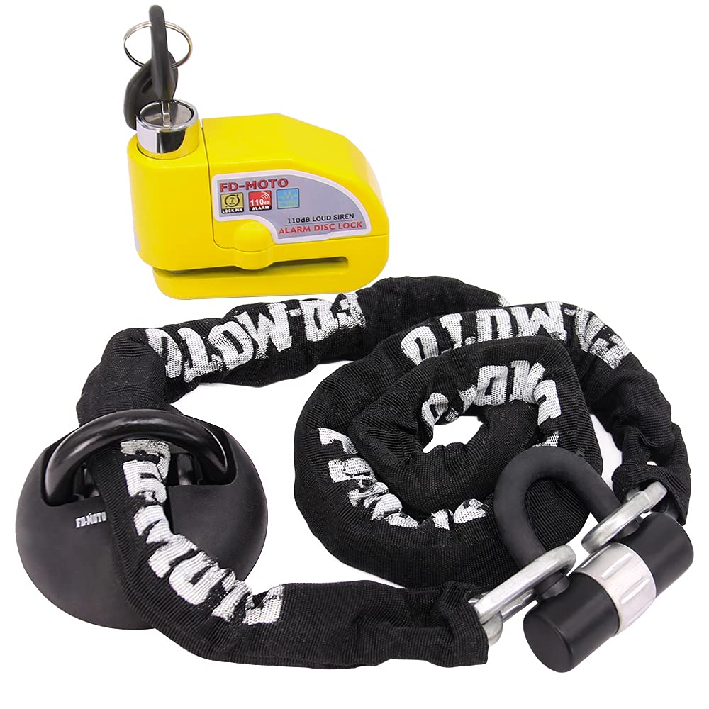 FD-Moto 4KG Steel 1.8M*10mm Chain Lock Padlock + Alarm Brake Disc Lock Yellow + Ground Wall Anchor Heavy Duty for Motorbike Motorcycle Scooter Bike Bicycle ATV