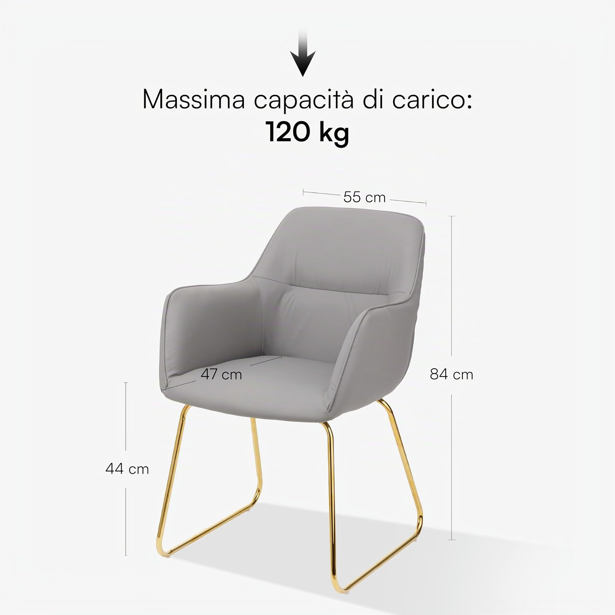 Baroni Home Poltrona Moderna con Braccioli e Rivestimento in Ecopelle e Gambe in Acciaio Oro, Seduta da Soggiorno, Camera da Letto, Angolo Lettura, Grigio, 55x84x47 cm