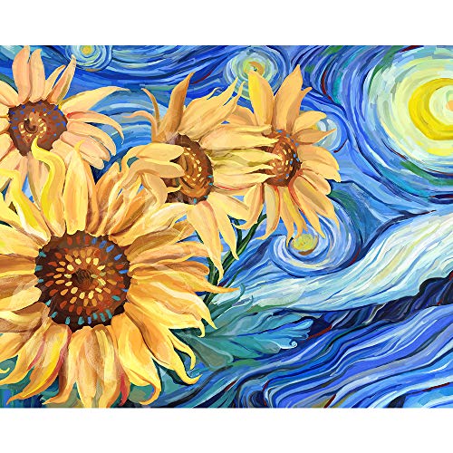 Gronda Malen nach Zahlen Erwachsene DIY Blumen Malerei Sonnenblumen Gelb Mond Blau Nacht Van Gogh Die Sternennacht Bild Bunt Dekoration Cover