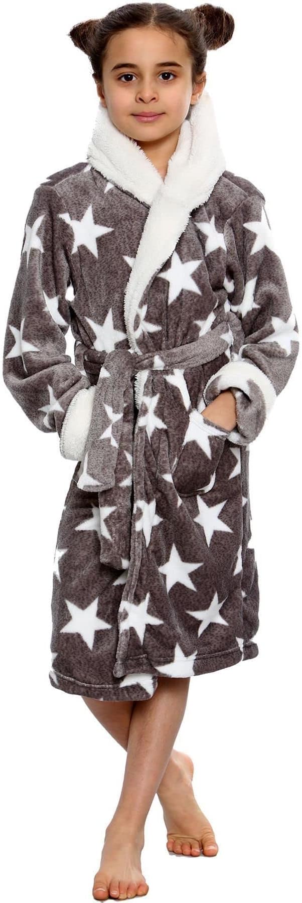 Girls Fleece Luxury Sherpa Hooded Dressing Gown Stars Pink Bathrobe Super Soft Robe Gift for Girls Age 7-13 Years