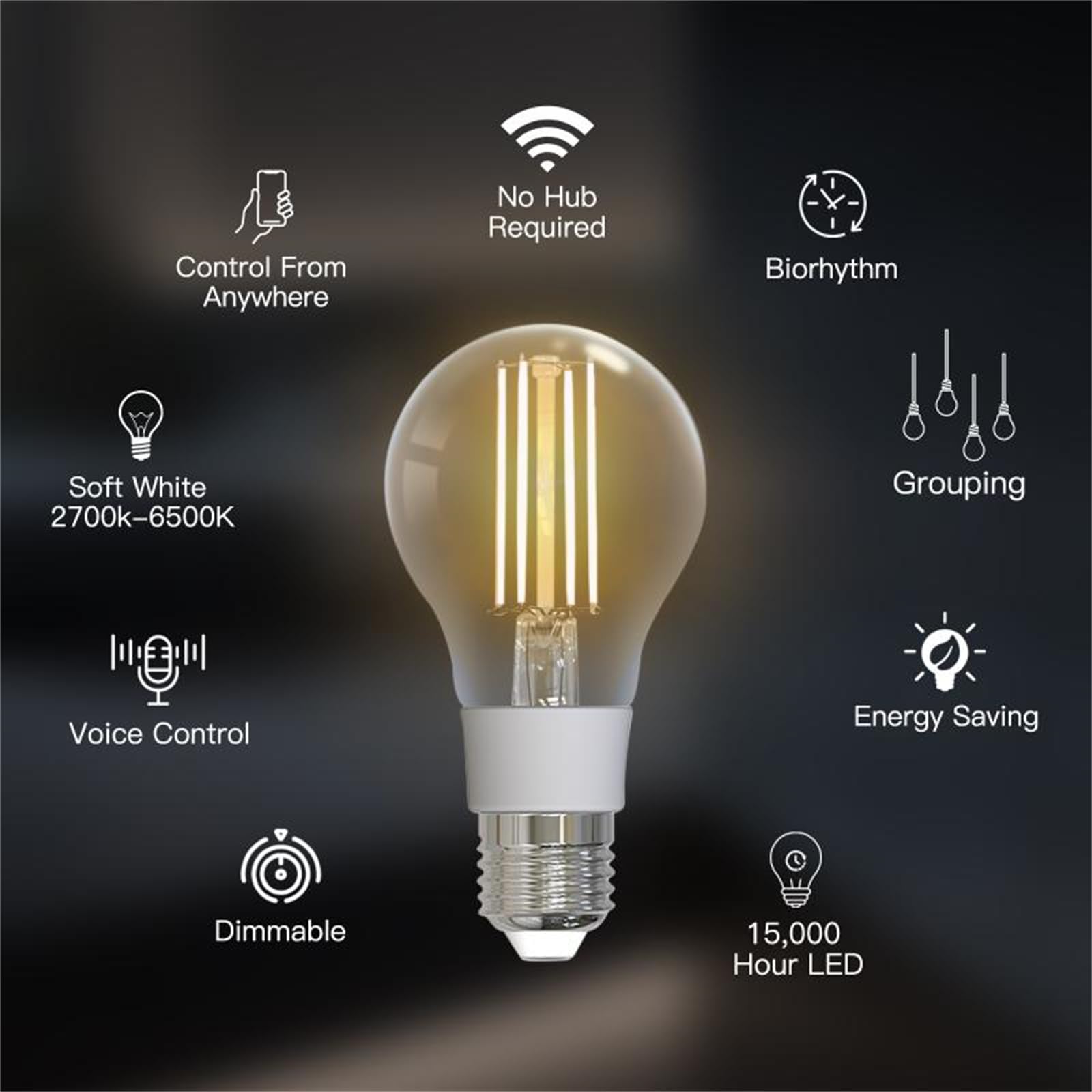 Bombilla LED, Tuya Wifi E27 7W Bombilla De Filamento Inteligente Lámpara De Luz LED Iluminación Regulable Vida Inteligente Alexa Control De Voz 2700K-6500K,2 pcs
