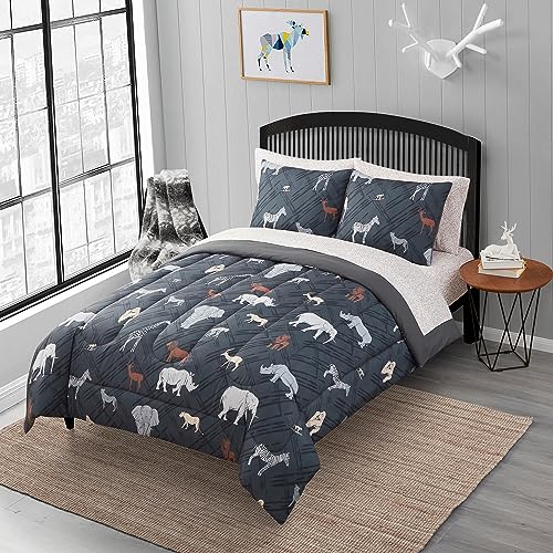 Image of Kids Bedding Set Bed in a Bag for Boys and Girls Toddlers Printed Sheet Set and Comforter, Full, Safari