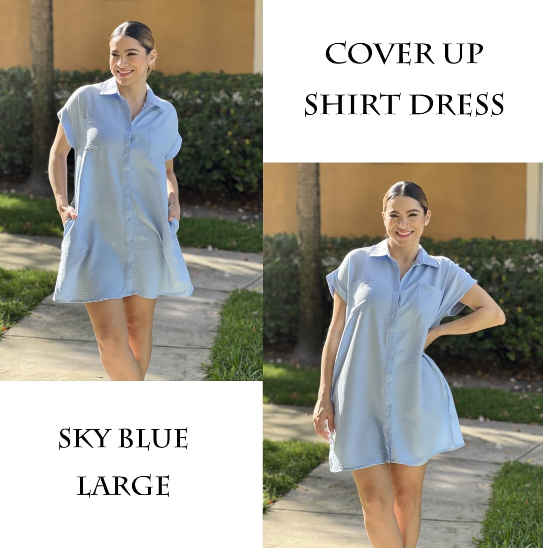 AI'MAGE Womens Bathing Suit Cover Ups Summer Shirt Dress Casual Short Sleeve Button Down Beach Shirts with Pockets S-XXL - Image 3