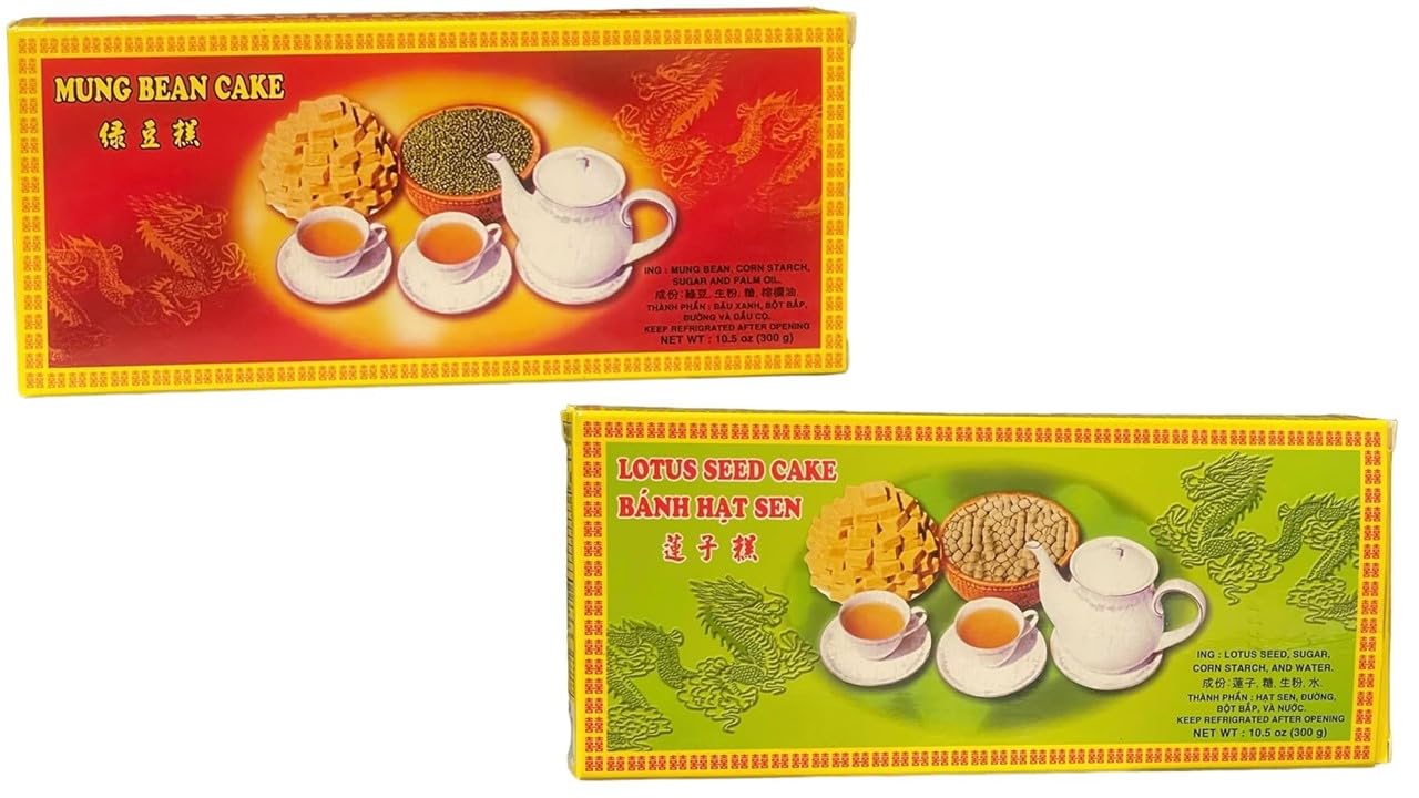 Combo - Mung Bean Cake and Lotus Seed Cake - Banh Dau Xanh va Banh Hat Sen - 10 Oz per Box with 2 Boxes per Order - Product of Vietnam