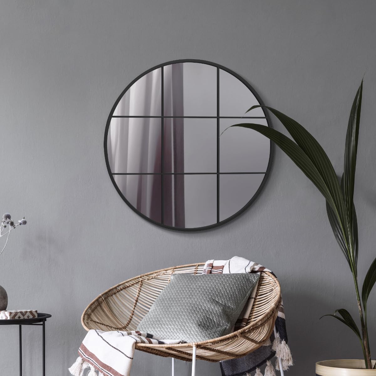 MirrorOutlet The Circulus - Solid Black Metal Framed Window Modern Round Circular Wall Mirror 31" X 31" (80CM X 80CM) Silver Mirror Glass with Black All weather Backing.