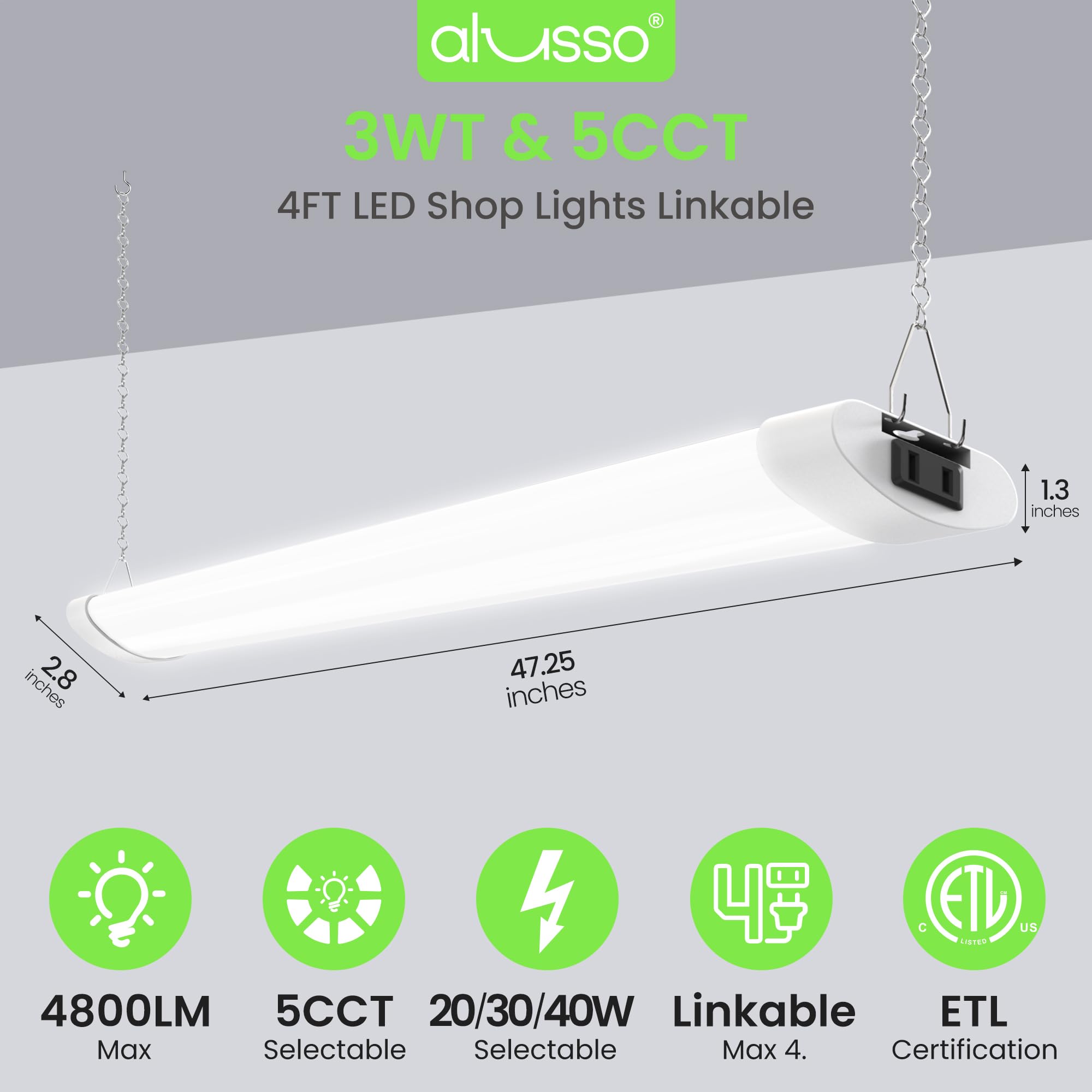 ALUSSO LED Shop Lights for Garage 4FT 4800LM Super Bright Garage Lights 40W 30W 20W 2700K-6500K Adjustable Led — view 2