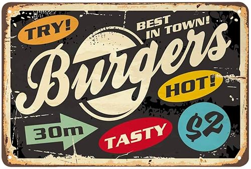 AOYEGO Letrero de hojalata de hamburguesa, colorido, delicioso, ovalado, flecha, geométrico, retro, punteado, vintage, metal, para cafeterías,
